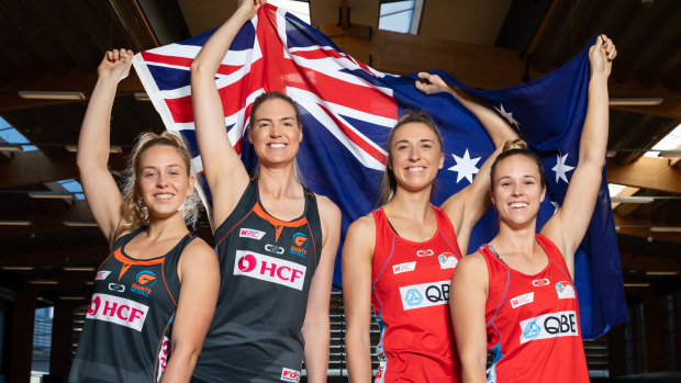 Awesome foursome: Jamie-Lee Price and Caitlin Bassett (Giants), and Sarah Klau and Paige Hadley (Swifts) have been named in the Australian squad for the Netball World Cup.