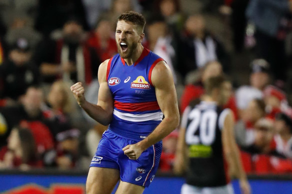 Marcus Bontempelli revels in the moment after booting a goal against St Kilda.