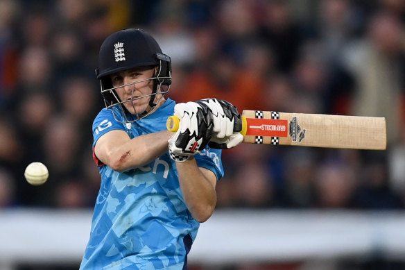 Harry Brook plays a pull shot during his innings.