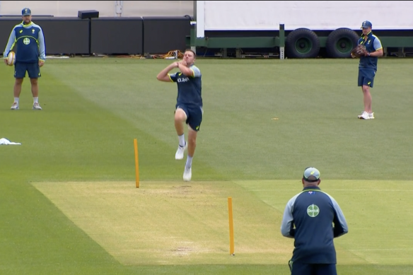 Josh Hazlewood bowls at the Adelaide Oval on Monday.