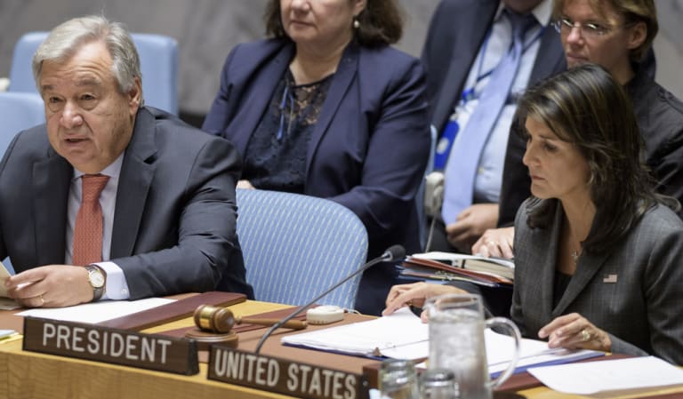 UN Secretary-General António Guterres speaks at a Security Council meeting on September 10. The United States' UN Ambassador Nikki Haley is pictured on the right.