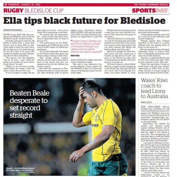 Mark Ella’s prediction in the Sun Herald in August, 2012.