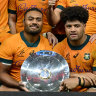 The Wallabies celebrate victory in Cardiff