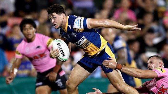 Mitchell Moses attempts to race clear in the trial against the Panthers at Panthers Stadium.
