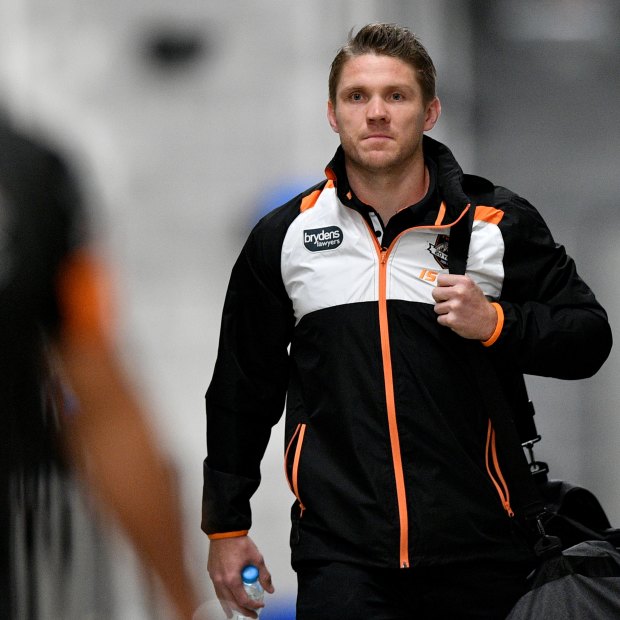 Chris Lawrence arrives at Bankwest Stadium for his first game of 2019 following his facial injury in the pre-season.