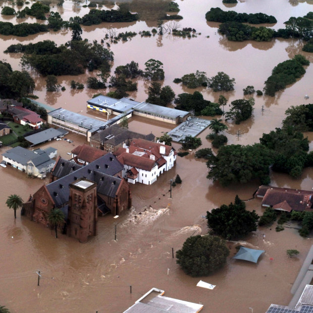 An aerial view of the devastation around St Carthage’s Cathedral and Trinity Catholic College Lismore.