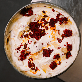 Kariton’s red packet flavour with Laughing Cow cheese gelato, jujube red velvet, candied goji berry, and baijiu jelly