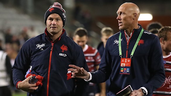 Roosters assistant coach Craig Fitzgibbon, right, with Boyd Cordner.