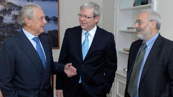 Stiglitz (at right)at the UN in New York with former PM Kevin Rudd and Hungarian-American financier and philanthropist George Soros.