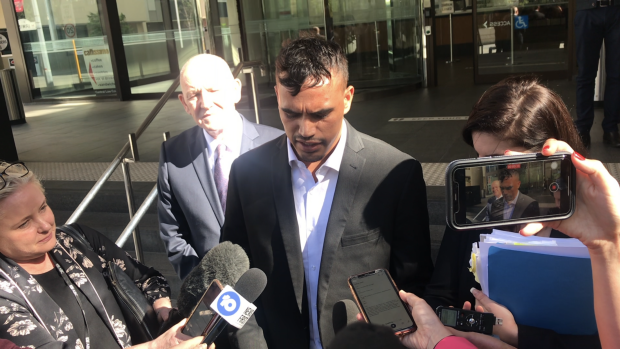 Sydney Stack speaks outside Perth Magistrates Court on Thursday. 