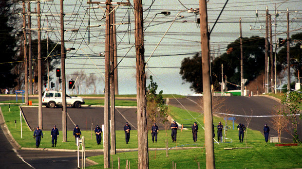 Police at the the scene of the Silk-Miller shooting in 1998.