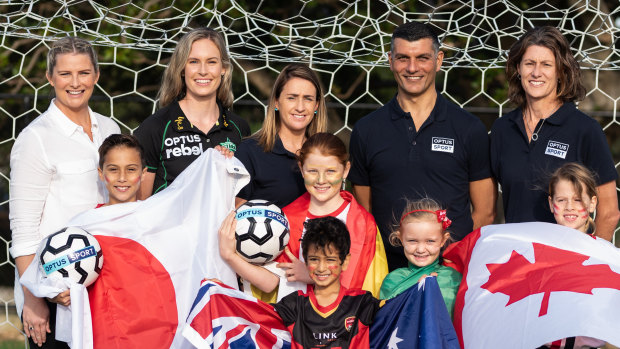 Leisel Jones, Holly Ferling, Heather Garriock, John Aloisi and Cheryl Salsibury and kids at an Optus Sports FIFA Women's World Cup event at North Sydney Oval.