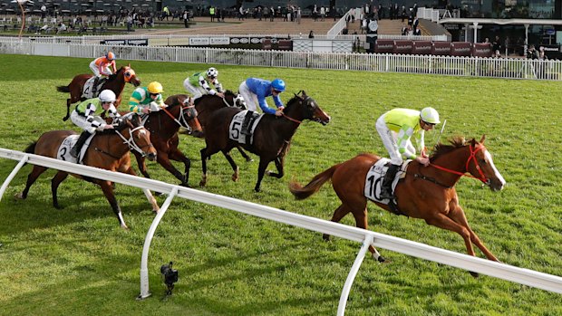 Nash Rawiller on Eduardo, right, wins the Missile Stakes at Rosehill Gardens.