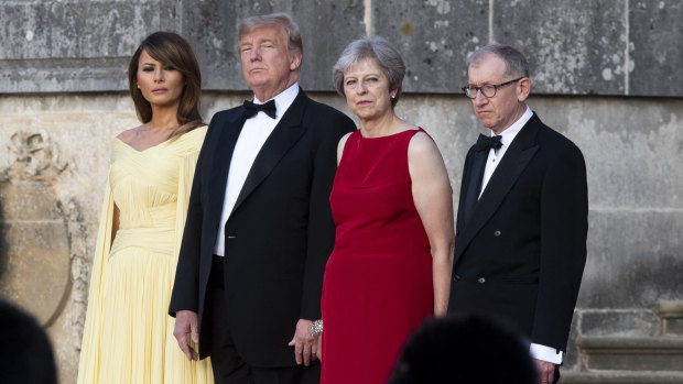 First lady Melania Trump, President Donald Trump, British Prime Minister Theresa May, and her husband Philip May at Blenheim Palace in London in 2018.