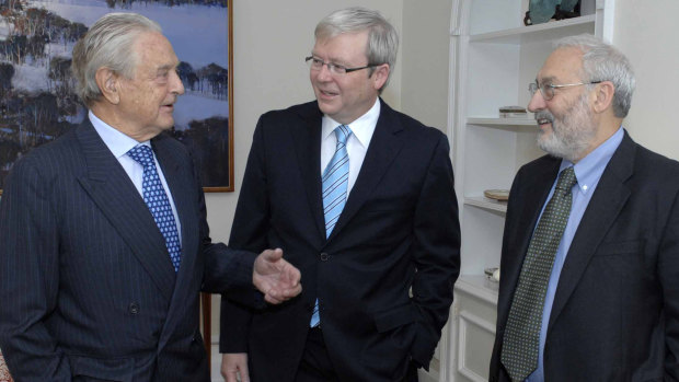 Stiglitz (at right)at the UN in New York with former PM Kevin Rudd and Hungarian-American financier and philanthropist George Soros.