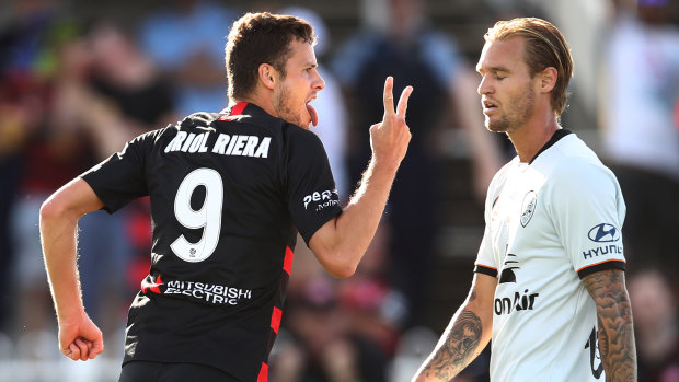 Brace: Wanderers marquee Oriol Riera scores his second goal inside 17 minutes at Mudgee.
