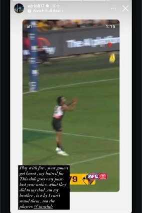 Willie Rioli jnr shared this post in his Instagram stories that has since been taken down.