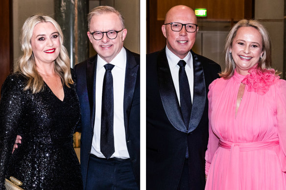 Anthony Albanese and Jodie Haydon (left) and Peter and Kirrily Dutton at Canberra’s 2024 Midwinter Ball.