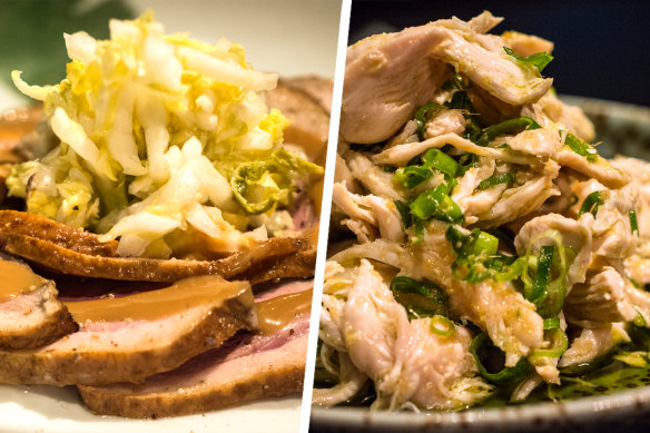 Spice Temple's tea-smoked duck breast with pickled cabbage and Chinese mustard and White cut chicken with ginger and shallot dressing.