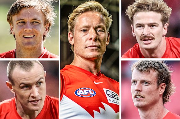Swans players (clockwise from centre): Isaac Heeney, Riley Bice, Nick Blakey, Chad Warner and James Jordon.