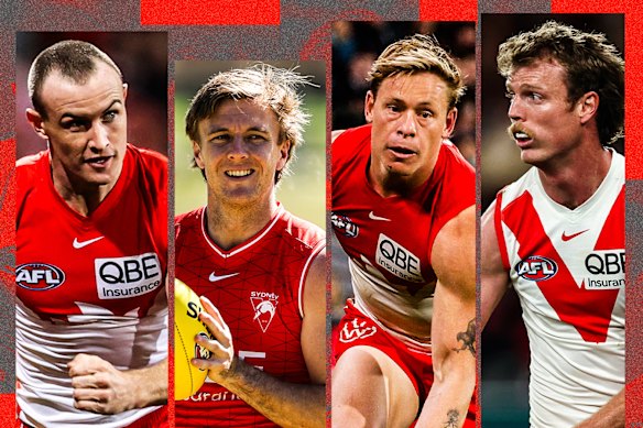 Sydney Swans players (from left) Chad Warner, James Jordon, Isaac Heeney and Nick Blakey.