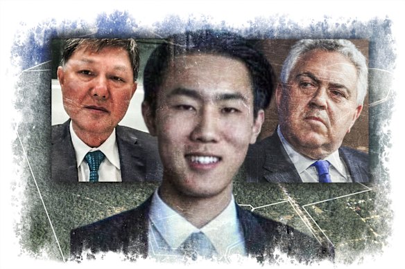 Felix Lee (centre), his father Phillip Dong Fang Lee, and Lee Family Office chair Joe Hockey.