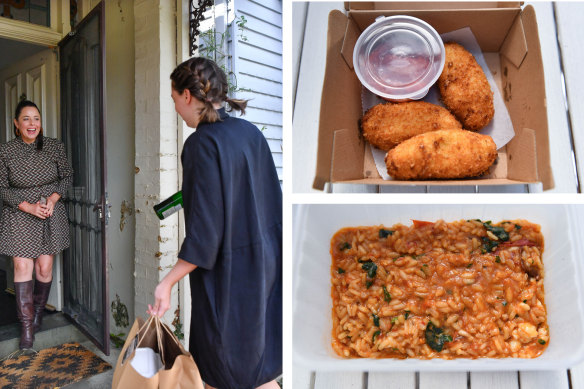 The Recreation delivers wine, croquettes (top right) and prawn risotto (bottom right) to Myf Warhurst's door.