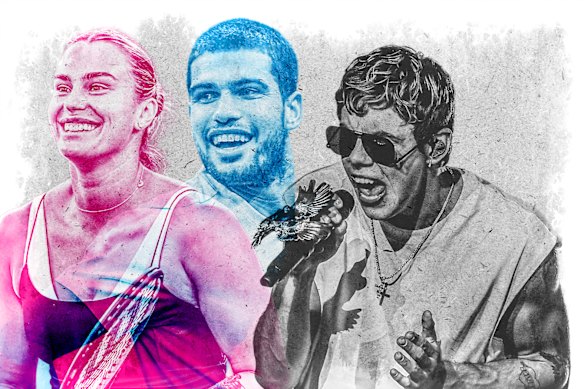 From left: Aryna Sabalenka, Carlos Alcaraz and The Kid Laroi.