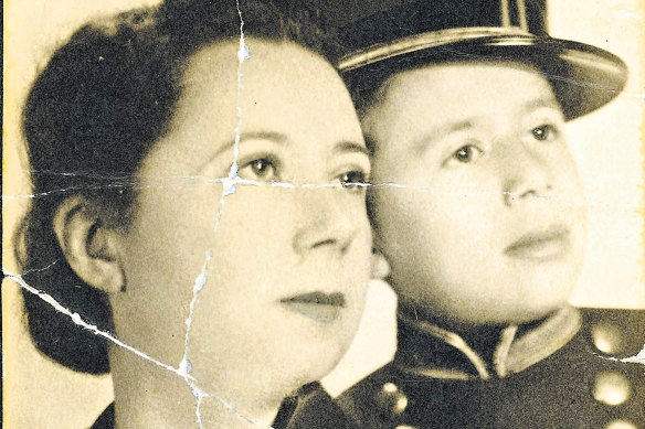 George Szego (at age 11) wearing the uniform of the Rakoczianum, pictured with his mother Klara.