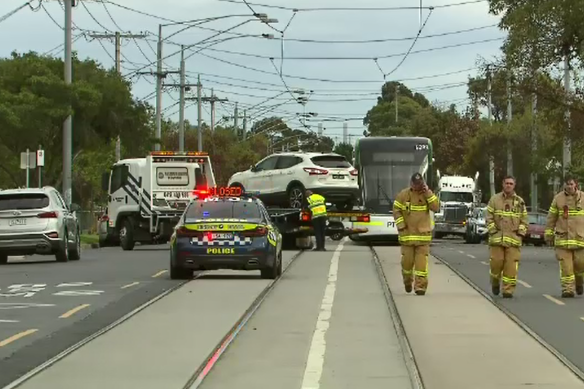 Emergency personnel attend the scene of a fatal collision at Pascoe Vale on April 12.