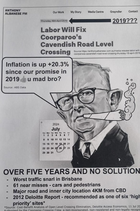 A flyer distributed by the Coorparoo Cutting Crew criticising the slow pace of removing the level crossing at Coorparoo.