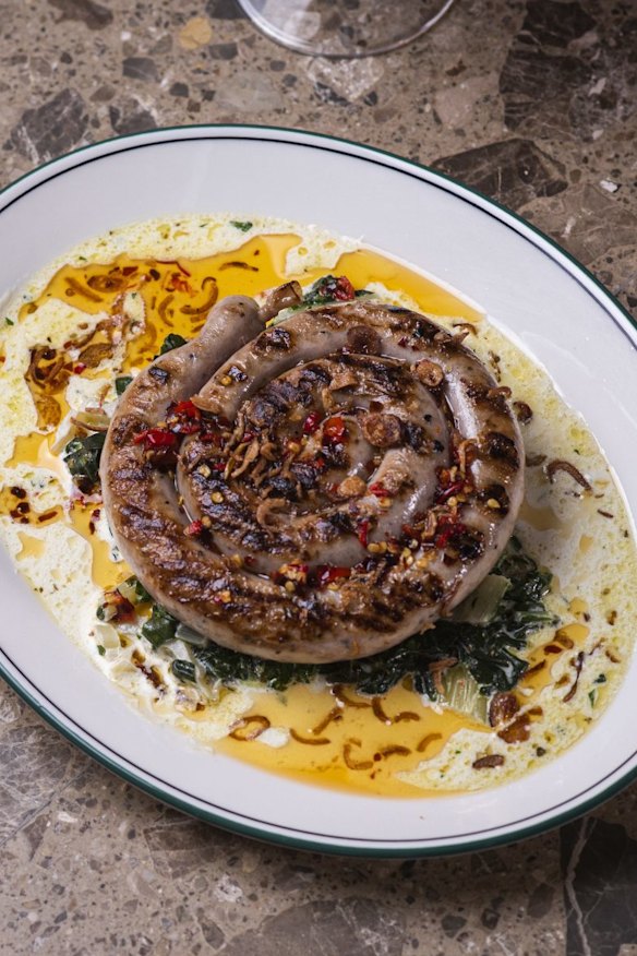 Italian fennel &amp; chilli sausage wheel with silverbeet and chilli oilÂ at The Hardware Club, Melbourne.