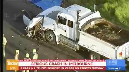 A damaged truck at the scene of the crash. 