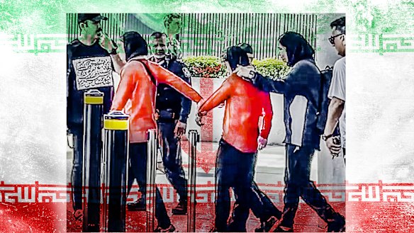 Iranian women’s national team players walk towards their bus on the Gold Coast.