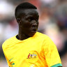 Garang Kuol in action for the Socceroos against New Zealand.