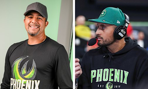 South East Melbourne Phoenix majority owner Romie Chaudhari and tennis star Nick Kyrgios, who is part of the team’s ownership group. 