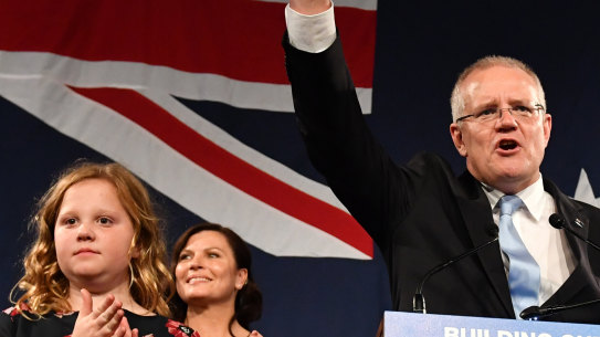 Scott Morrison celebrates his win on election night, a result the polls did not predict.