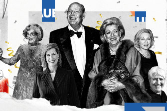 Kerry Packer and guests who attended the 70th birthday party of his beloved Australian Women’s Weekly, from left: Dame Edna Everage, Deborah Thomas, Ros Packer, Ita Buttrose and 
Dawn Fraser.