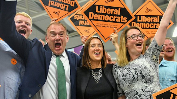Liberal Democrats' Jane Dodds, centre, used her byelection victory speech to urge Boris Johnson to "stop playing with the future of our communities and rule out a no-deal Brexit now".