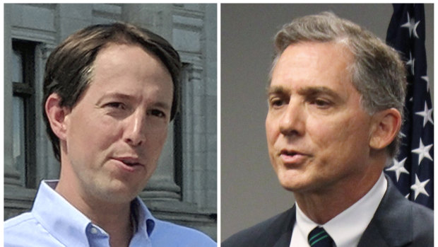 Arkansas Congressional candidates, Democrat Clarke Tucker, left, and Republican U.S. Representative French Hill. Tucker. Both condemned a political action committee’s radio ad that suggests white Democrats will lynch black Americans if they win the midterm election next month.