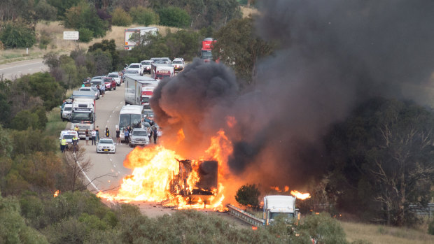 The truck caught fire on the Hume Highway near Yass.