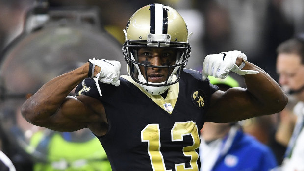 New Orleans' wide receiver Michael Thomas celebrates a run against the Eagles.