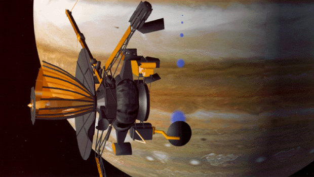 NASA's Galileo spacecraft is shown in this artist's drawing as it approaches the planet Jupiter.  Illustration: JPL/NASA/Handout