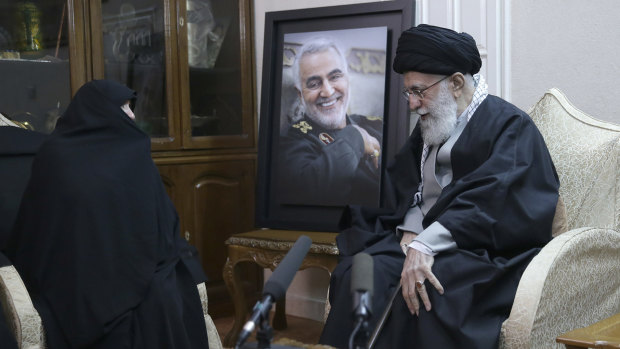 Supreme Leader Ayatollah Ali Khamenei, right, meets family of Iranian Qassem Soleimani, who was killed in the US air strike in Iraq.