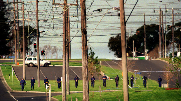 Police at the the scene of the Silk-Miller shooting in 1998.