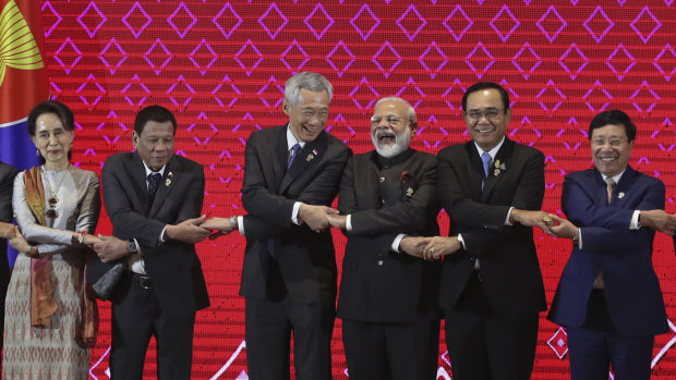 India's Prime Minister Narendra Modi, fourth from left, with ASEAN leaders in November 2019. India’s last-minute decision not to join RCEP did not stall the process.