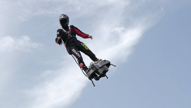 Franky Zapata on his flying hoverboard.