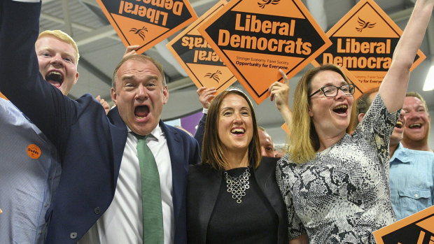 Liberal Democrats' Jane Dodds, centre, used her byelection victory speech to urge Boris Johnson to "stop playing with the future of our communities and rule out a no-deal Brexit now".