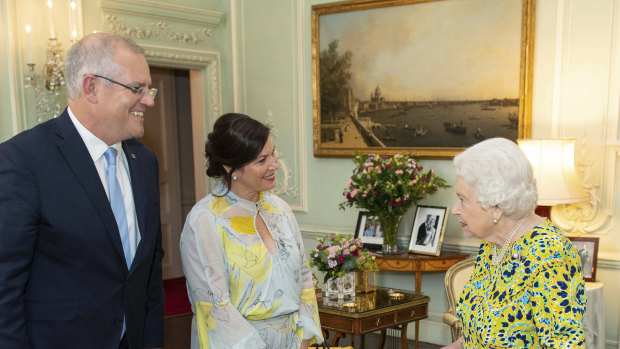 Queen Elizabeth II, Prime Minister Scott Morrison and his wife Jenny during a private audience at Buckingham Palace in 2019.