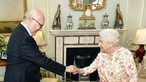 High Commissioner George Brandis meets the Queen in May last year.